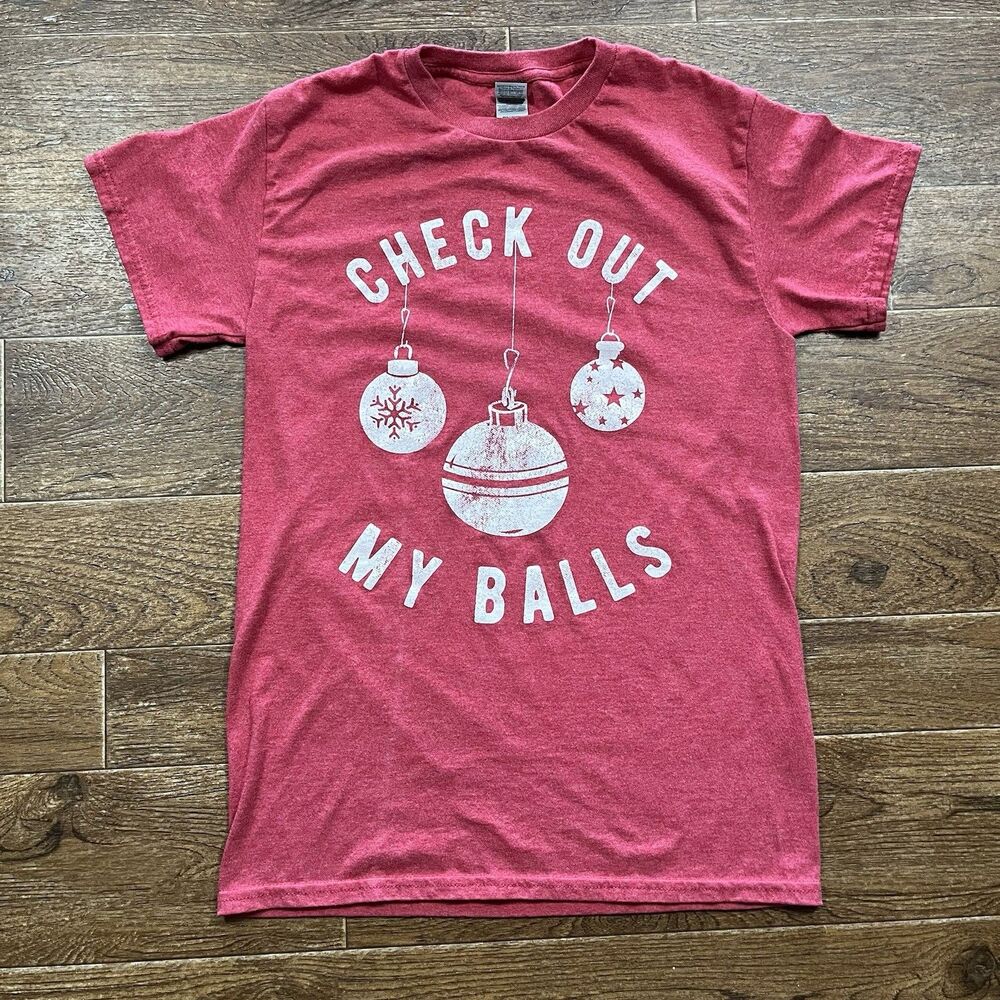 Check Out My Balls T Shirt Mens Red Small Graphic Novelty Funny Holiday Dirty